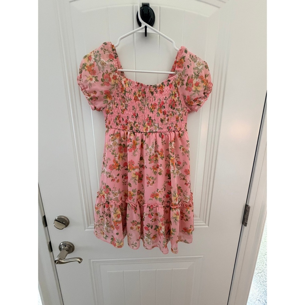 Zenzi Girls Pink Floral Chiffon Smocked Dress‎ Puff Sleeve Tiered Size M 8